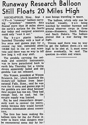 The lost gondola of the last flight launched from Internatonal Falls made headlines in US newspapers. It was never recovered.