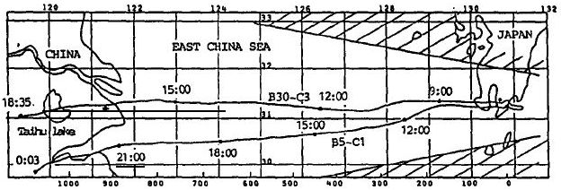 Map showing the route followed by the first two balloons launched from Japan to China in 1986