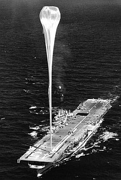 Launch of a Skyhook balloon from the deck of the Valley Forge
